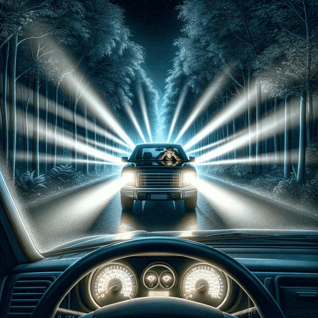 Visualize-a-nighttime-scene-on-a-secluded-road-where-a-cars-headlights-are-flickering-intermittently-causing-a-sense-of-concern-and-confusion