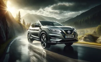 A-stylish-Nissan-Qashqai-SUV-driving-on-a-rugged-mountain-road