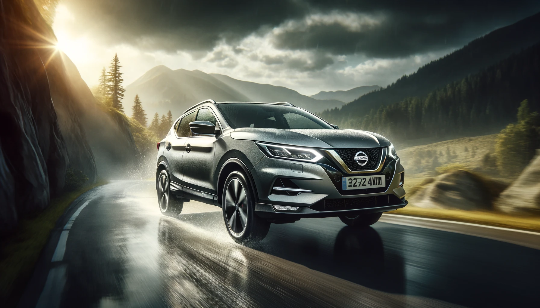 A-stylish-Nissan-Qashqai-SUV-driving-on-a-rugged-mountain-road